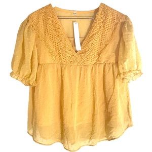 Gaovot Yellow Crochet Swiss Dot Lined V Neck Top Women Sz L NWT